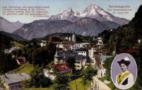 Ak Berchtesgaden in Oberbayern, Panorama, Frau in Tracht, Gedicht