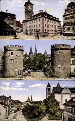 Ak Regensburg an der Donau Oberpfalz, Straßenansicht von Regensburg mit Rathaus, Jakobstraße u...