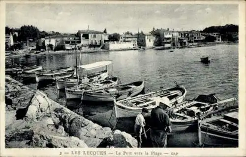 Ak Les Lecques Saint Cyr sur Mer Var, Hafen in Richtung Strand