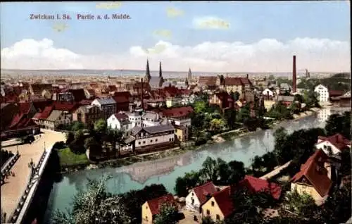 Ak Zwickau in Sachsen, Stadtpanorama, Mulde