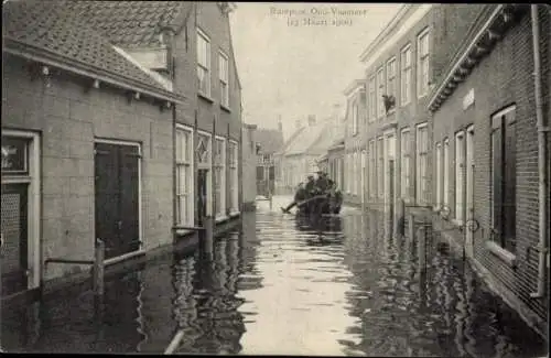 Ak Oud Vossemeer Zeeland Niederlande, überschwemmte Straße, Hochwasser 1906, Boot