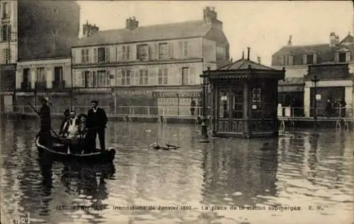 Ak Asnières sur Seine Hauts-de-Seine, Inondations de Janvier 1910, Place de la station