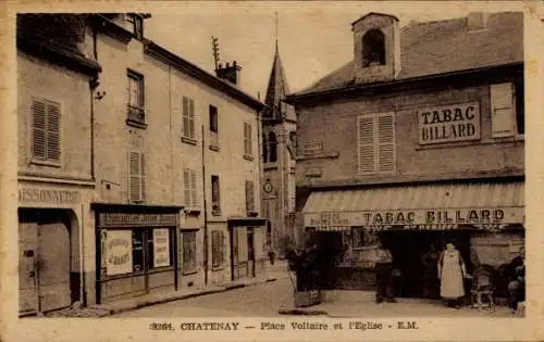 Ak Chatenay Hauts-de-Seine, Place Voltaire, Kirche, Tabac Billard