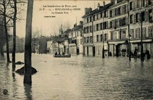 Ak Boulogne sur Seine Hauts de Seine, La Grande Rue, Hochwasser 1910