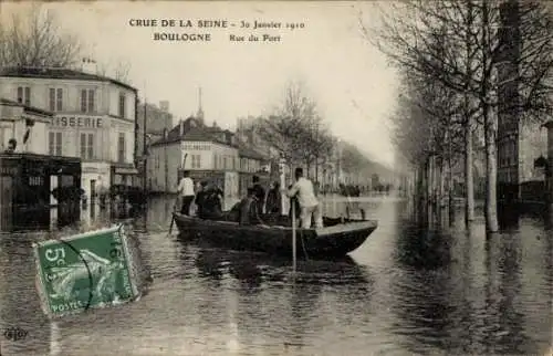 Ak Boulogne sur Seine Hauts de Seine, Hochwasser 30. Januar 1910, Rue du Port, Boot