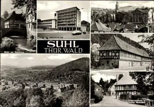 Ak Suhl in Thüringen, Malzhaus, Haus der Gewerkschaft, Museum, Panorama, Fachwerkhaus