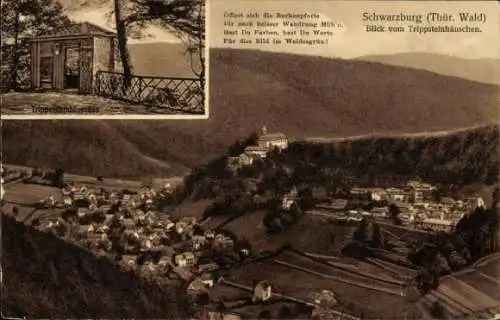 Ak Schwarzburg in Thüringen, Trippsteinhäuschen, Borkenpforte, Überblick auf Schwarzburg, Gedi...