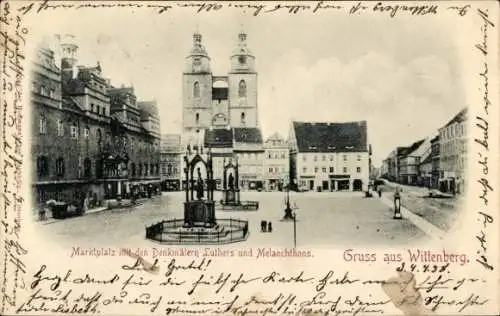 Ak Lutherstadt Wittenberg, Marktplatz, Denkmäler Luther und Melanchthon, historische Gebäude, ...