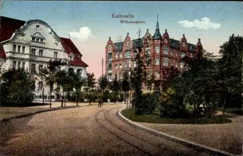 Ak Katowice Kattowitz Oberschlesien, Wilhelmsplatz, Gleise, Gebäude