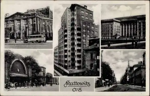 Ak Katowice Kattowitz Oberschlesien, Hochhaus, Grundmannstraße, Stadttheater, Bahnhof