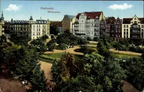 Ak Katowice Kattowitz Schlesien, Blücherplatz, Wohnhäuser, Park