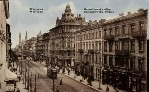 Ak Warszawa Warschau Polen, Strasse in  historische Gebäude, Straßenbahn, Menschen