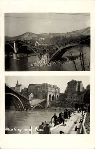 Foto Ak Marburg a.d. Drau Slowenien, Brückeneinsturz mit Stadtblick