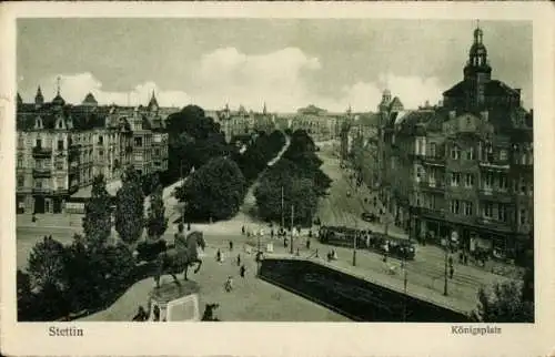 Ak Szczecin Stettin Pommern, Königsplatz, Stadtansicht, Pferdestatue, Straßenbahn