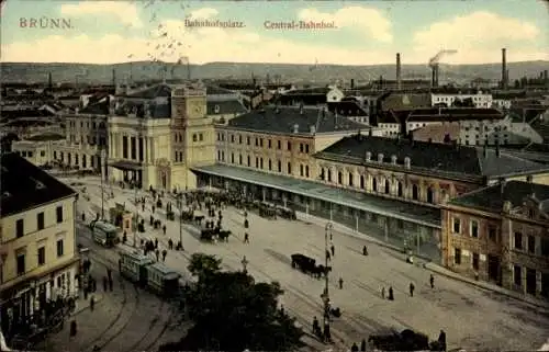 Ak Brno Brünn Südmähren, Bahnhofsplatz, Zentralbahnhof