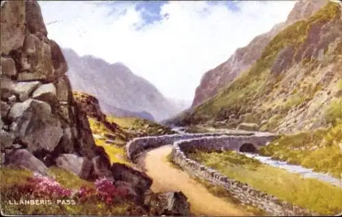 Ak Llanberis Wales, Malerische Landschaft, Berge, Fluss, Weg, Felsen, Blumen