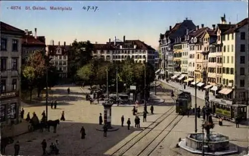 Ak St. Gallen Schweiz, Marktplatz, Straßenbahn