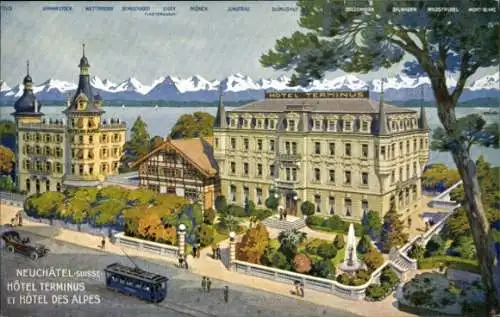 Ak Neuchâtel Neuenburg Stadt, Hotel Terminus, Hotel des Alpes, Straßenbahn