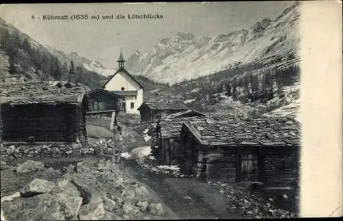 Ak Kühmatt Blatten im Lötschental Kt Wallis, Kapelle, Lötschlücke