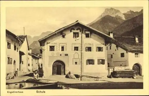 Ak Kt. Graubünden Schweiz, Engadinerhaus, Schule