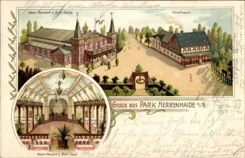 Litho Herrenhaide Burgstädt in Sachsen, Park Herrenhaide, Konzerthalle, Gasthaus, Ballsaal