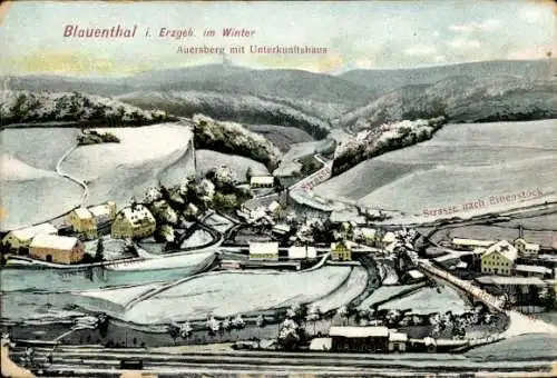 Ak Blauenthal Eibenstock im Erzgebirge, Panorama, Winter, Auersberg, Unterkunftshaus