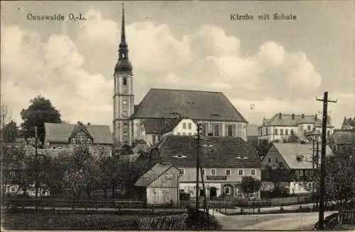 Ak Cunewalde im Kreis Bautzen, Kirche mit Schule