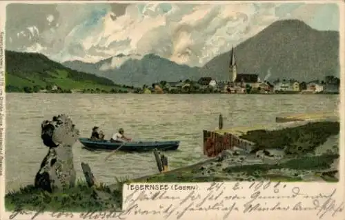 Ak Tegernsee in Oberbayern, Tegernsee mit Kirche, Berglandschaft, zwei Personen im Boot