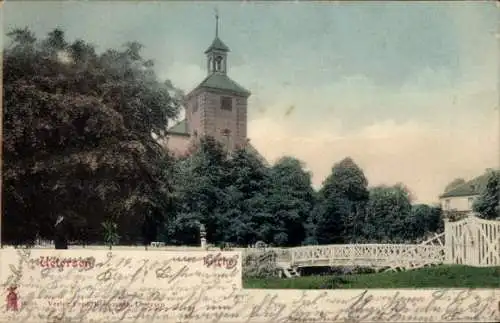 Ak Uetersen in Holstein, Kirche, Brücke, Bäume, entspannte Landschaft, farbig