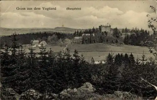 Ak Burgstein Weischlitz im Vogtland, Gruss aus dem Vogtland,  Landschaft mit Bäumen und Burg