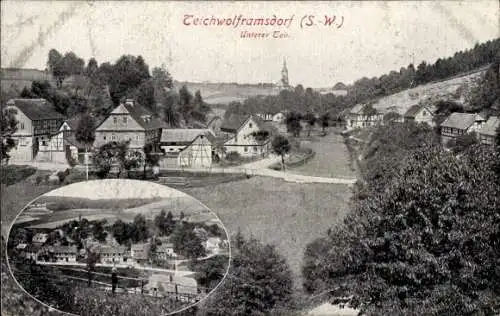 Ak Teichwolframsdorf in Thüringen, Teichwolframsdorf (S.-W.), Unterer Teil, ländliche Gebäude,...