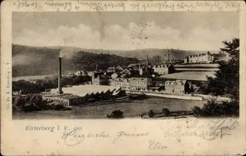 Ak Elsterberg im Vogtland, Fabriken, Landschaft, Herrschaftsgebäude, Schornstein, Postkarte