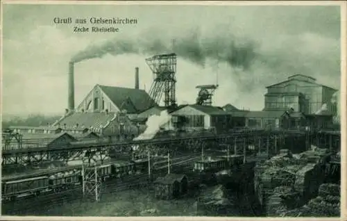 Ak Gelsenkirchen im Ruhrgebiet, Zeche Rheinelbe, Industriegebäude, Eisenbahn, Dampfschornsteine