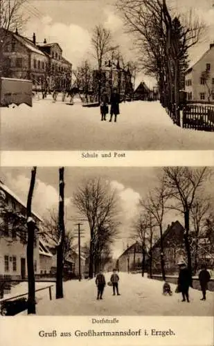 Ak Großhartmannsdorf im Erzgebirge, Schule, Post, Dorfstraße, Winter