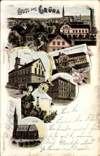 Litho Grüna Chemnitz Sachsen, Rathaus, Kirche, Schule, Stahringers Naturheilanstalt,Totenstein