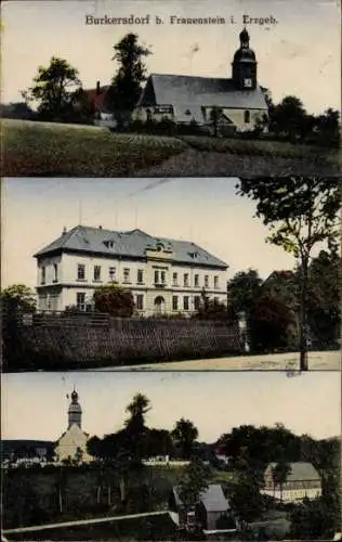 Ak Burkersdorf Frauenstein im Erzgebirge, Kirche, Schule, Teilansicht