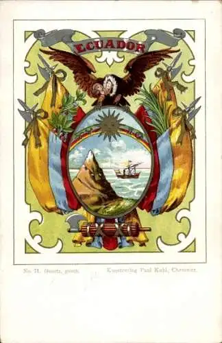 Wappen Ak Ecuador, Schiff, Kondor, Flaggen, Kunstverlag Paul Kohl Nr. 71