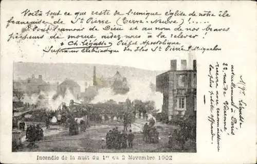 Ak Saint Pierre et Miquelon, Eindruck der Ruinen, Brandnacht, Aufruf zur Hilfe, Apostolischer ...