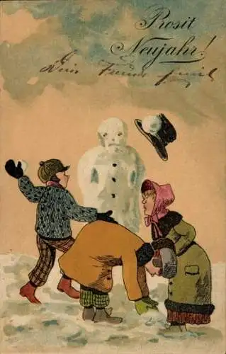 Litho Fröhliches Neujahr, Schneemann, Kinder bei einer Schneeballschlacht