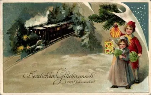 Litho Fröhliches Neujahr, Eisenbahn in Winterlandschaft, Kinder mit Lampions