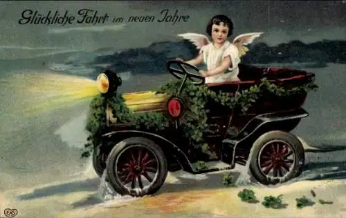 Ak Fröhliches Neujahr, Engel im Automobil, Girlanden aus Klee