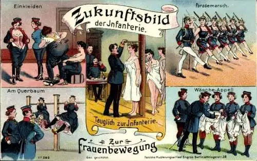 Litho Zukunftsbild der Infanterie, Gruß von der Musterung, Frauen beim Militär