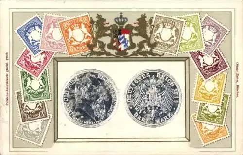 Präge Briefmarken Wappen Ak Löwen, Krone, Bayern