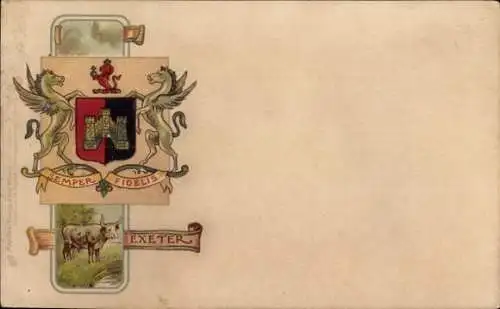 Wappen Litho Exeter Devon England, Semper Fidelis, geflügelte Pferde, Rind
