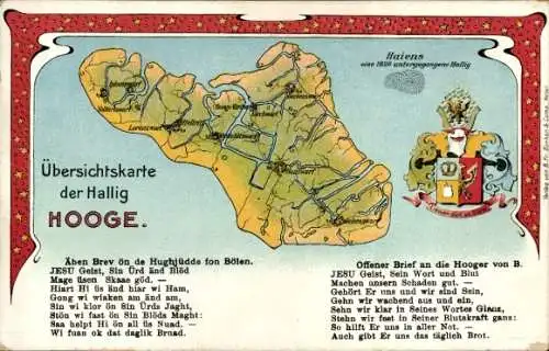 Landkarten Ak Hallig Hooge in Nordfriesland, Übersichtskarte der Hallig, Wappen, Reim