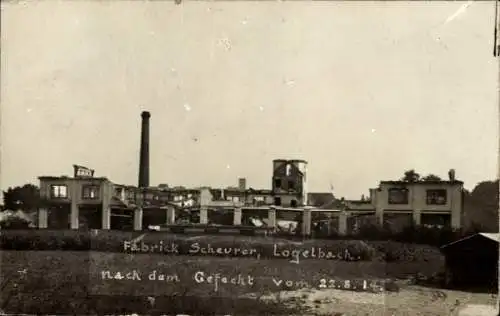 Foto Ak Logelbach Wintzenheim Haut Rhin, Fabrik Scheurer nach dem Gefecht 22.8.1914