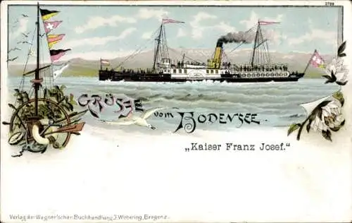 Litho Bregenz am Bodensee Vorarlberg, Dampfer Kaiser Franz Josef