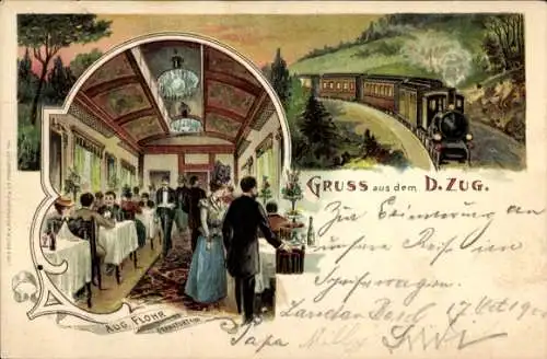 Litho Gruß aus dem D Zug, Eisenbahn, Innenansicht, Speisewagen