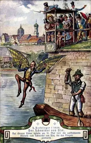 Künstler Ak Ulm an der Donau Baden Württemberg, Schneider von Ulm, L. Berblinger, gestorben 1829