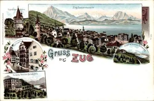 Litho Zug Stadt Schweiz, Gesamtansicht, Kapuzinerturm, Hotel und Pension Schönfels, Rathaus